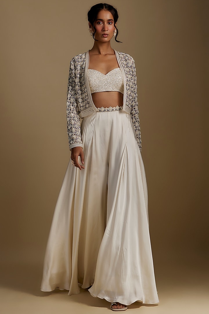 White Net Hand Embellished Jacket Set by Disha Patil at Pernia's Pop Up Shop