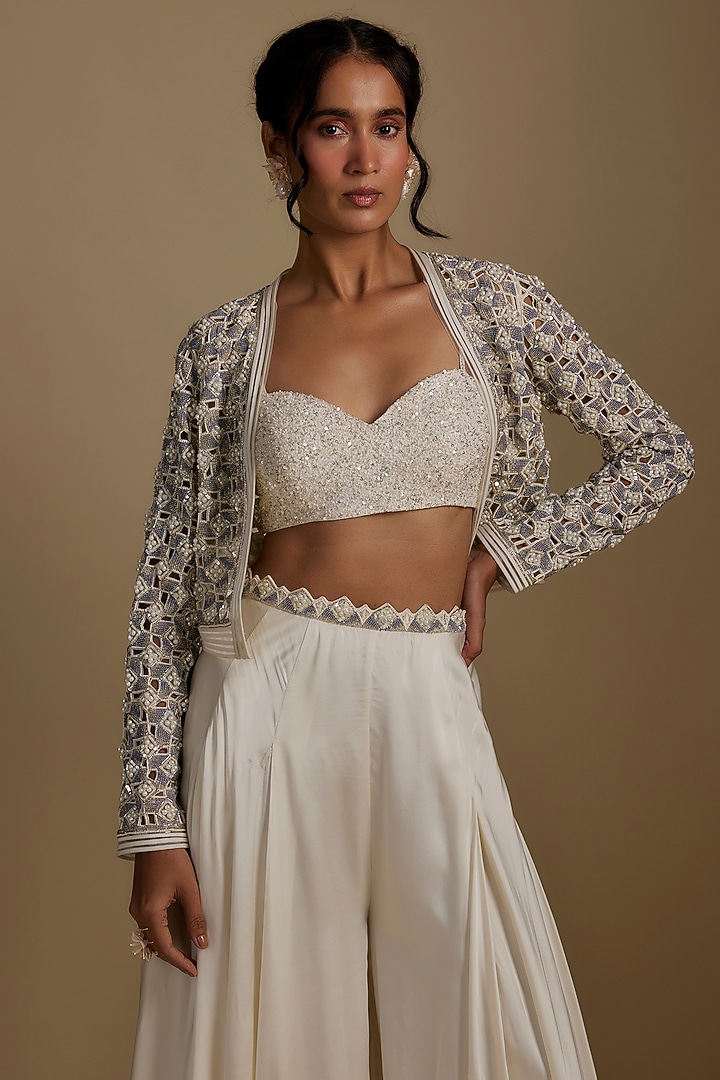 White Net Hand Embellished Jacket Set by Disha Patil at Pernia's Pop Up Shop