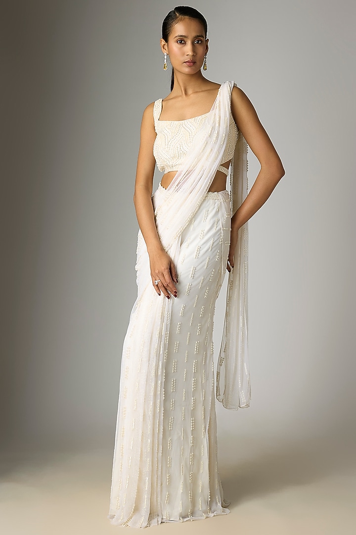 Ivory Soft Net Hand Embroidered Draped Reception Saree Set by Disha Patil at Pernia's Pop Up Shop