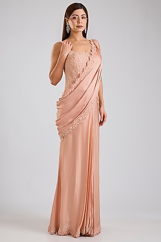 Blush Pink Crepe Skirt Saree Set by Disha Patil