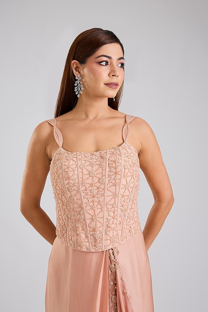 Blush Pink Crepe Skirt Reception Saree Set by Disha Patil at Pernia's Pop Up Shop