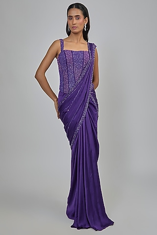 Purple Crepe Concept Saree Set by Disha Patil