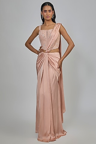 Blush Pink Crepe Concept Saree Set by Disha Patil