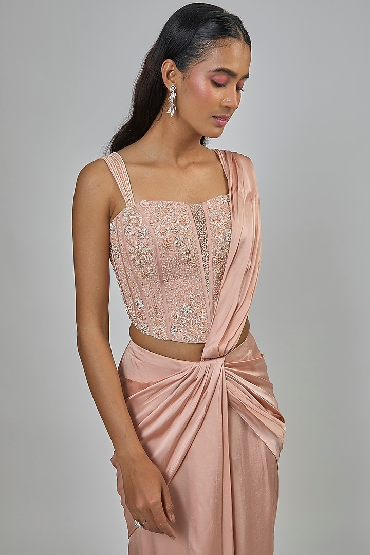 Blush Pink Crepe Concept Reception Saree Set by Disha Patil at Pernia's Pop Up Shop