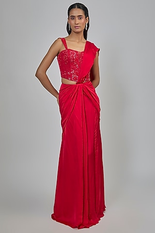 Red Crepe Concept Saree Set by Disha Patil
