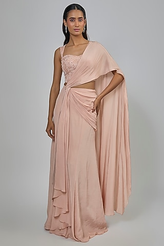 Blush Pink Crepe Concept Saree Set by Disha Patil