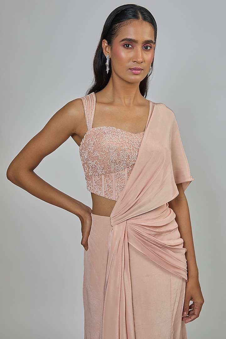 Blush Pink Crepe Concept Reception Saree Set by Disha Patil at Pernia's Pop Up Shop