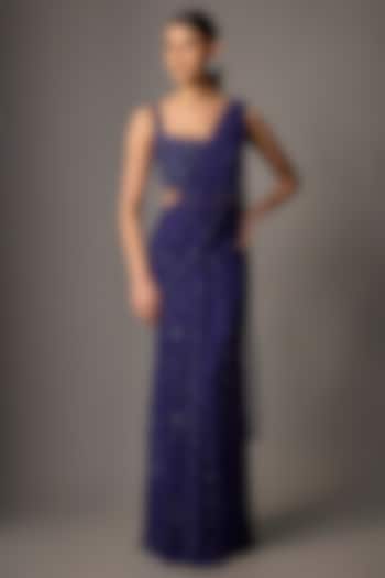 Pixie Blue Soft Net Hand Embroidered Reception Saree Set by Disha Patil at Pernia's Pop Up Shop