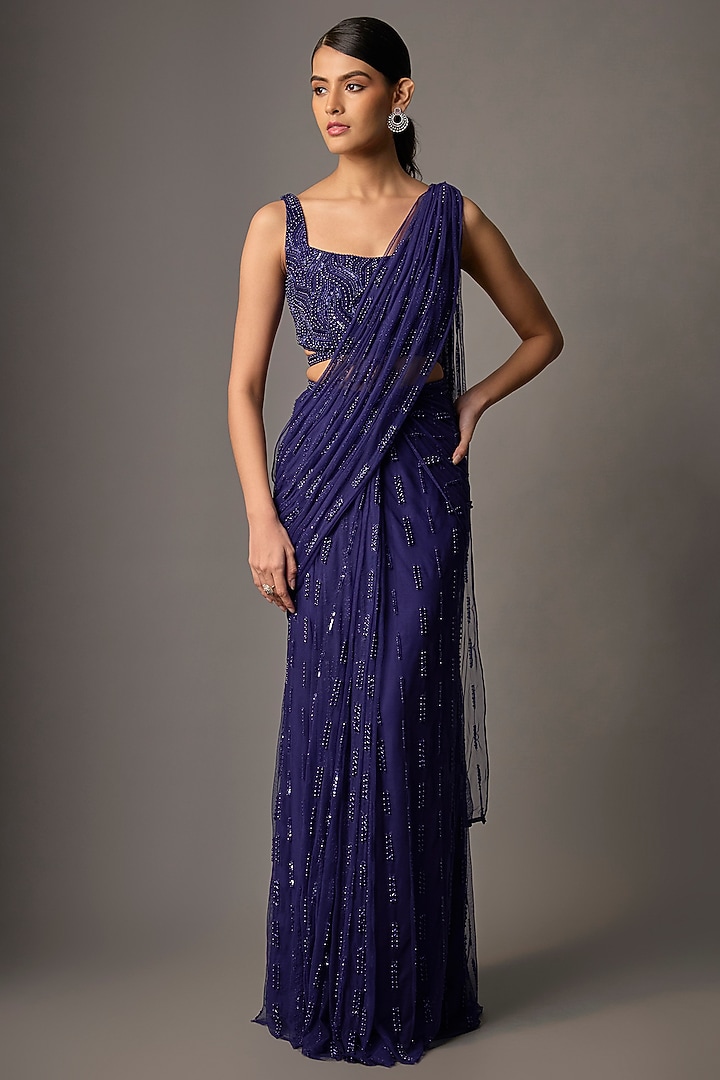 Pixie Blue Soft Net Hand Embroidered Reception Saree Set by Disha Patil at Pernia's Pop Up Shop