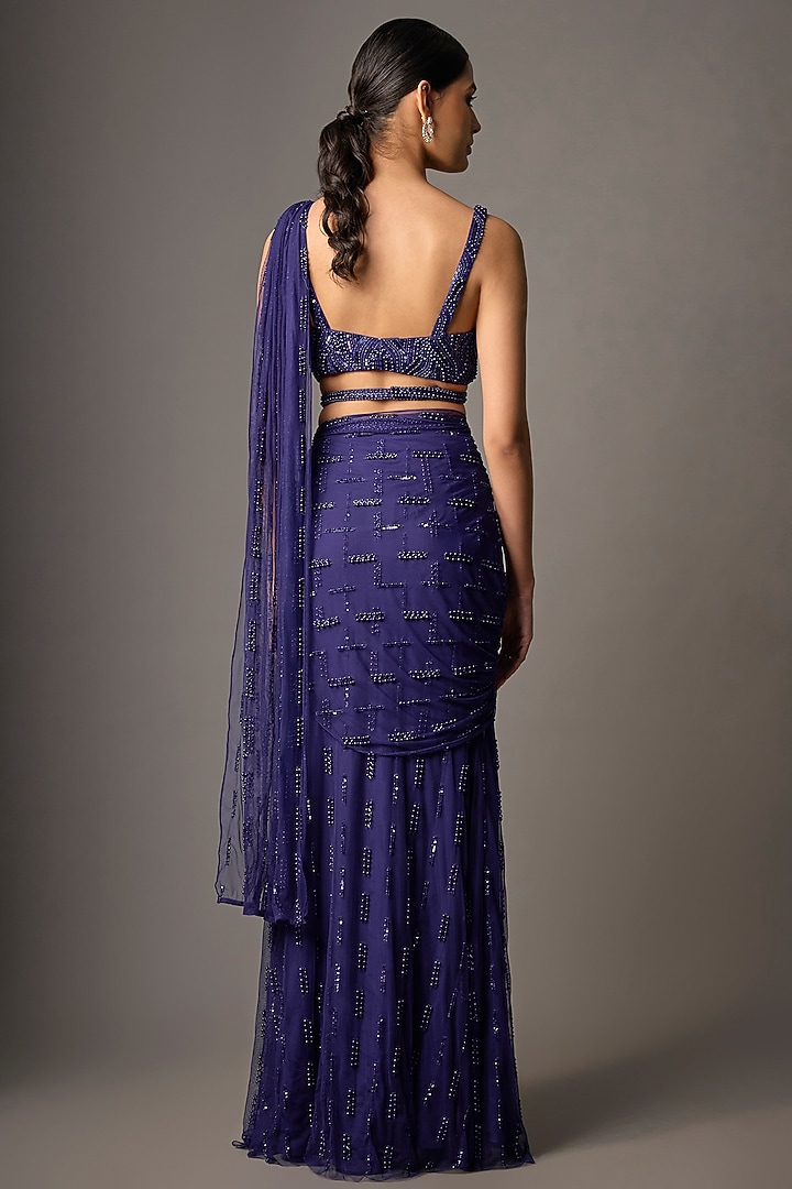 Pixie Blue Soft Net Hand Embroidered Reception Saree Set by Disha Patil at Pernia's Pop Up Shop