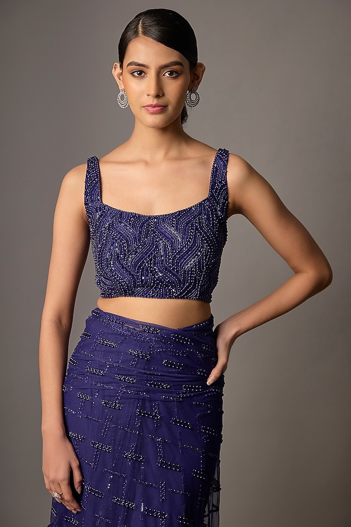 Pixie Blue Soft Net Hand Embroidered Reception Saree Set by Disha Patil at Pernia's Pop Up Shop