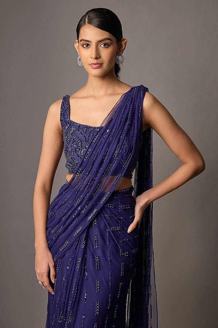 Pixie Blue Soft Net Hand Embroidered Reception Saree Set by Disha Patil at Pernia's Pop Up Shop