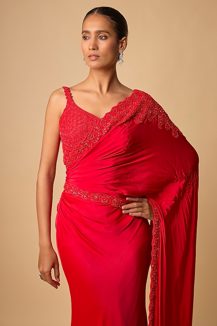 Red Crepe Skirt Reception Saree Set by Disha Patil at Pernia's Pop Up Shop