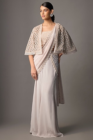 Grey Crepe Embroidered Jacket Saree Set by Disha Patil