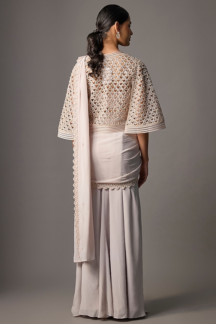 Grey Crepe Embroidered Jacket Reception Saree Set by Disha Patil at Pernia's Pop Up Shop