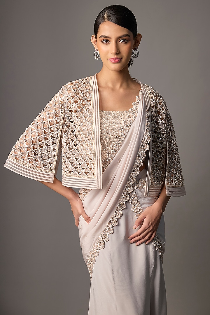 Grey Crepe Embroidered Jacket Reception Saree Set by Disha Patil at Pernia's Pop Up Shop