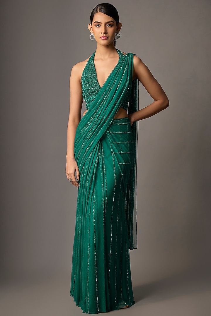 Emerald Green Net Embroidered Reception Saree Set by Disha Patil at Pernia's Pop Up Shop