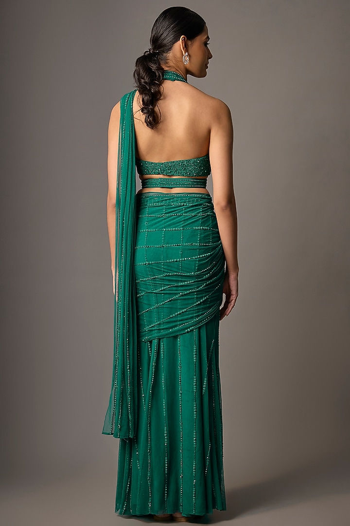 Emerald Green Net Embroidered Reception Saree Set by Disha Patil at Pernia's Pop Up Shop