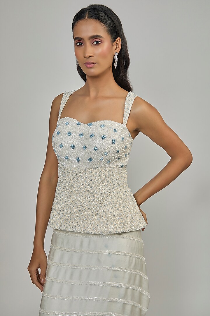 Ivory & Grey Satin Silk Peplum Reception Saree Set by Disha Patil at Pernia's Pop Up Shop