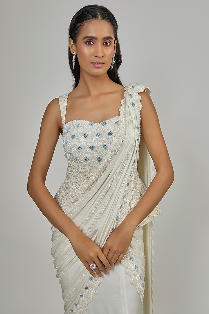 Ivory & Grey Satin Silk Peplum Reception Saree Set by Disha Patil at Pernia's Pop Up Shop