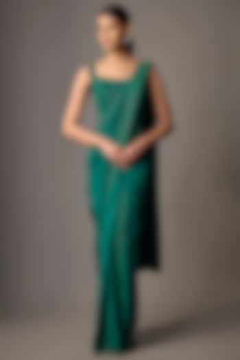 Emerald Green Crepe Hand Embroidered Reception Saree Set by Disha Patil at Pernia's Pop Up Shop