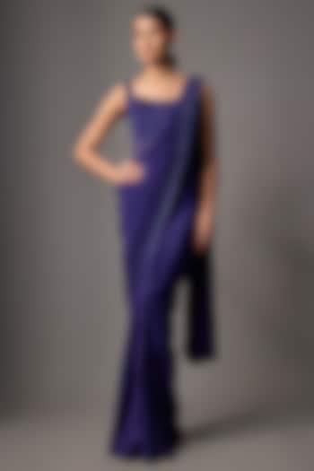 Sapphire Blue Crepe Hand Embroidered Reception Saree Set by Disha Patil at Pernia's Pop Up Shop