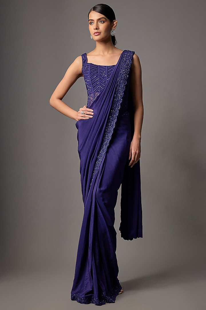 Sapphire Blue Crepe Hand Embroidered Reception Saree Set by Disha Patil at Pernia's Pop Up Shop