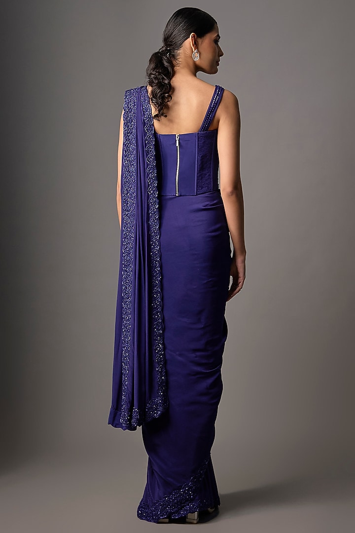 Sapphire Blue Crepe Hand Embroidered Reception Saree Set by Disha Patil at Pernia's Pop Up Shop