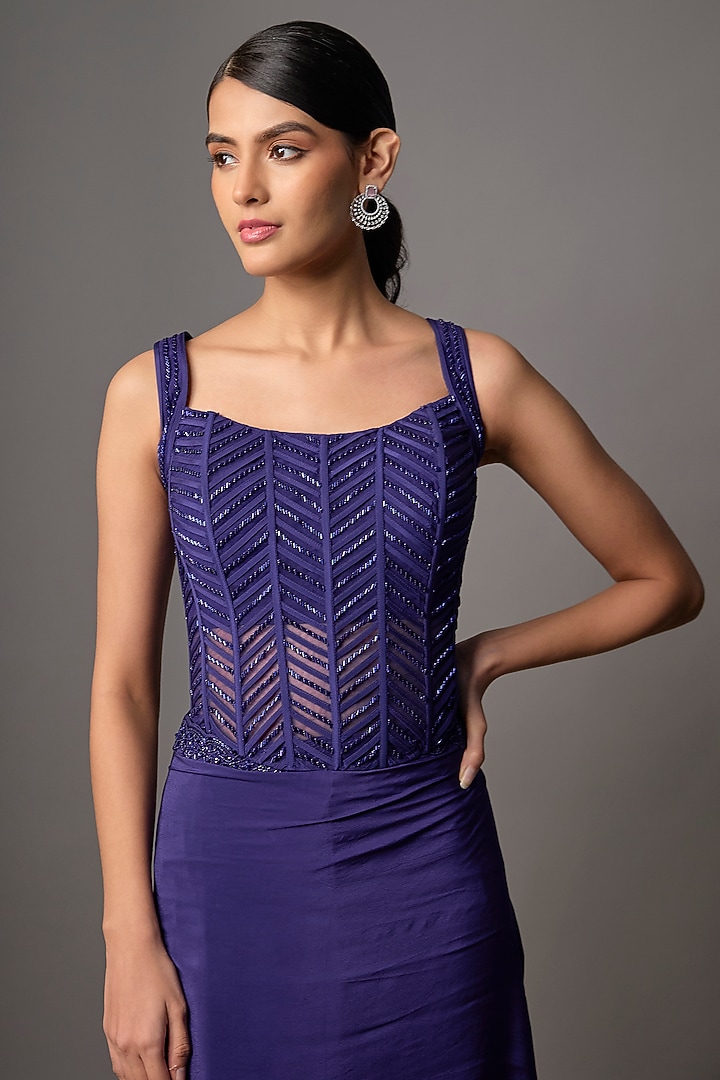 Sapphire Blue Crepe Hand Embroidered Reception Saree Set by Disha Patil at Pernia's Pop Up Shop