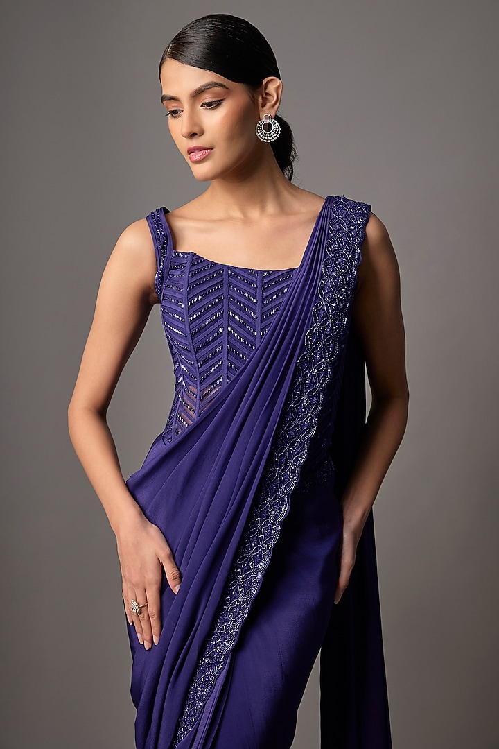 Sapphire Blue Crepe Hand Embroidered Reception Saree Set by Disha Patil at Pernia's Pop Up Shop