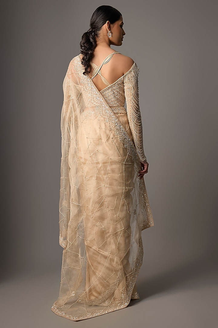 Beige Satin Organza Hand Embroidered Reception Saree Set by Disha Patil at Pernia's Pop Up Shop