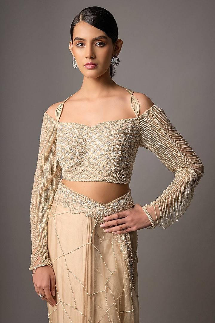 Beige Satin Organza Hand Embroidered Reception Saree Set by Disha Patil at Pernia's Pop Up Shop