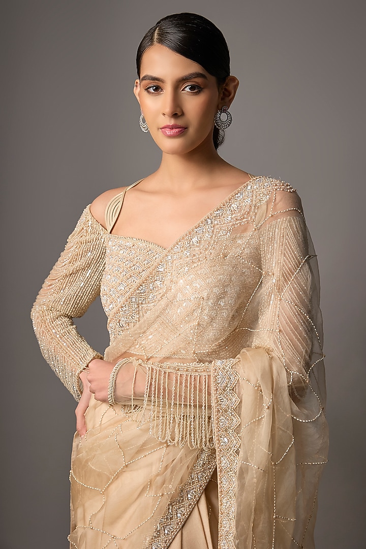 Beige Satin Organza Hand Embroidered Reception Saree Set by Disha Patil at Pernia's Pop Up Shop