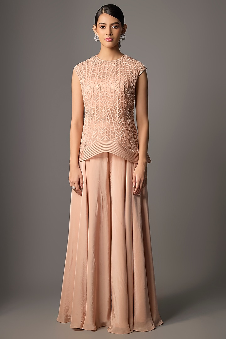 Blush Pink Crepe Flared Pant Set by Disha Patil at Pernia's Pop Up Shop