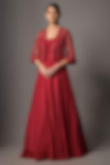 Red Crepe Hand Embroidered Wedding Gown With Jacket by Disha Patil at Pernia's Pop Up Shop
