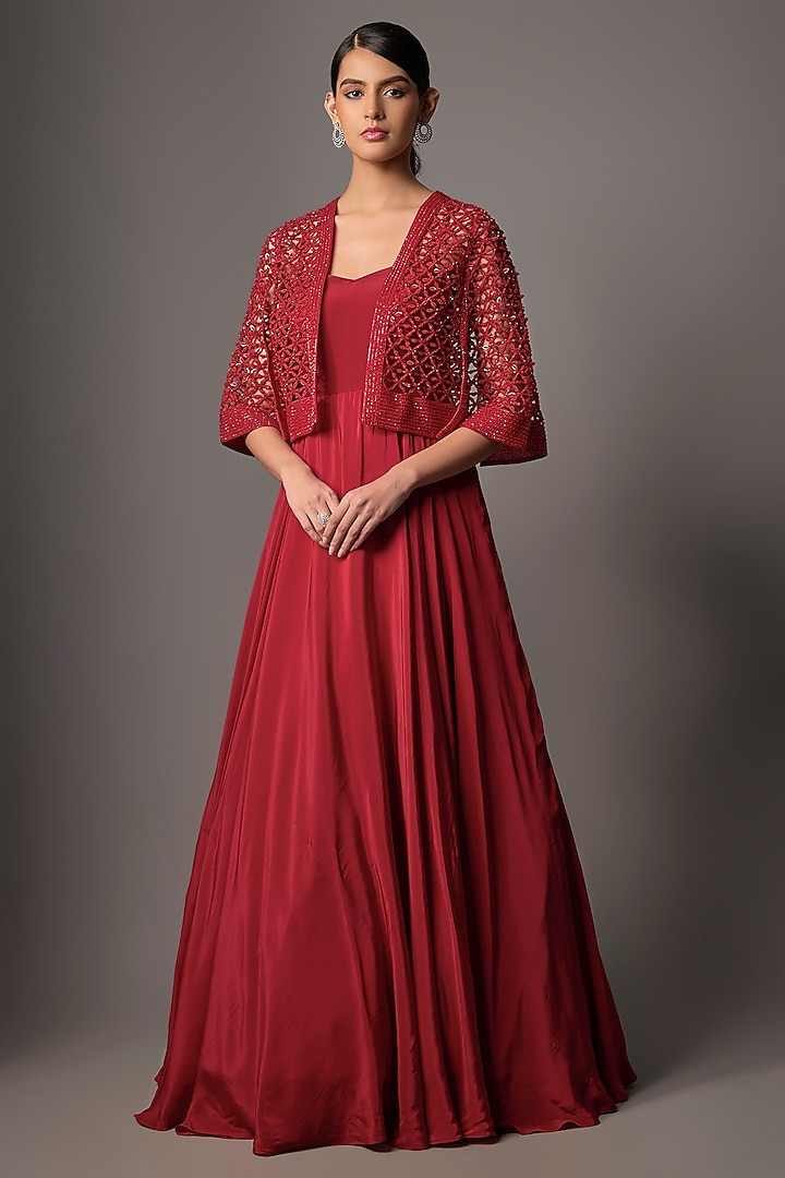 Red Crepe Hand Embroidered Wedding Gown With Jacket by Disha Patil at Pernia's Pop Up Shop