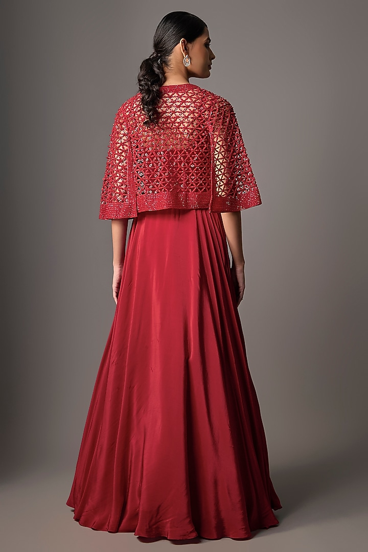 Red Crepe Hand Embroidered Wedding Gown With Jacket by Disha Patil at Pernia's Pop Up Shop