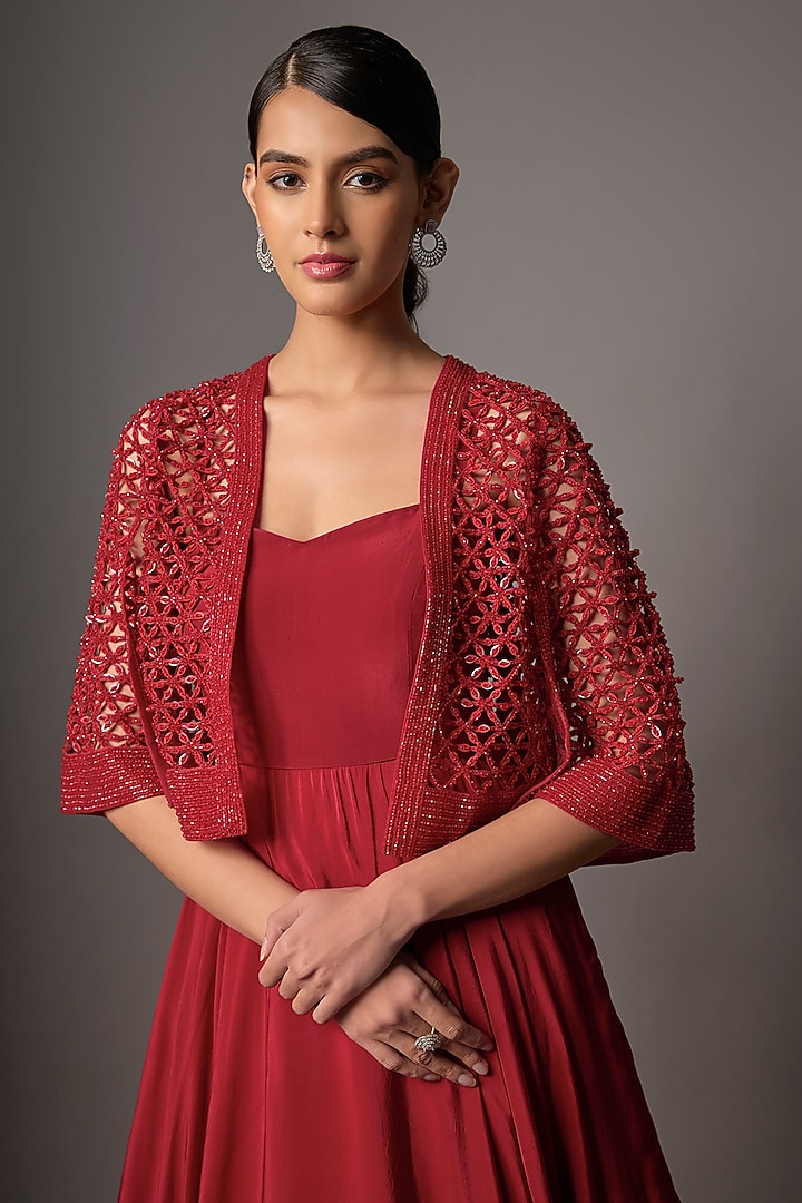 Red Crepe Hand Embroidered Wedding Gown With Jacket by Disha Patil at Pernia's Pop Up Shop