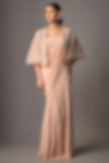 Blush Pink Crepe Embroidered Jacket Reception Saree Set by Disha Patil at Pernia's Pop Up Shop