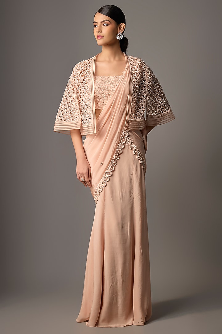 Blush Pink Crepe Embroidered Jacket Reception Saree Set by Disha Patil at Pernia's Pop Up Shop