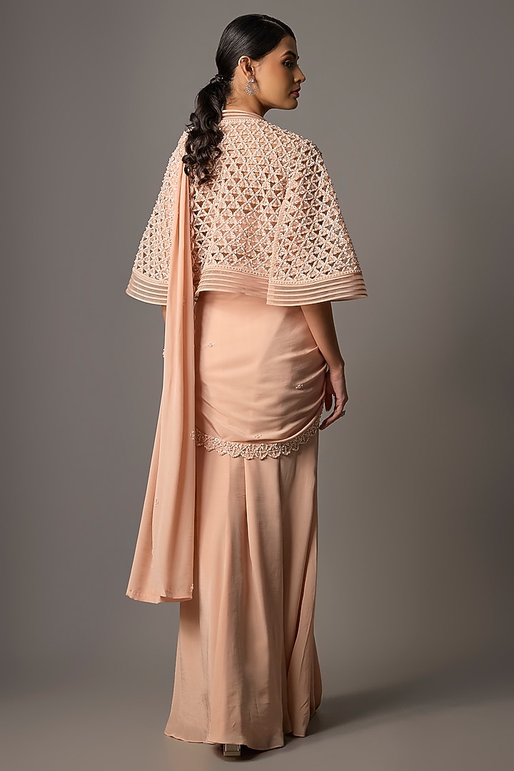 Blush Pink Crepe Embroidered Jacket Reception Saree Set by Disha Patil at Pernia's Pop Up Shop