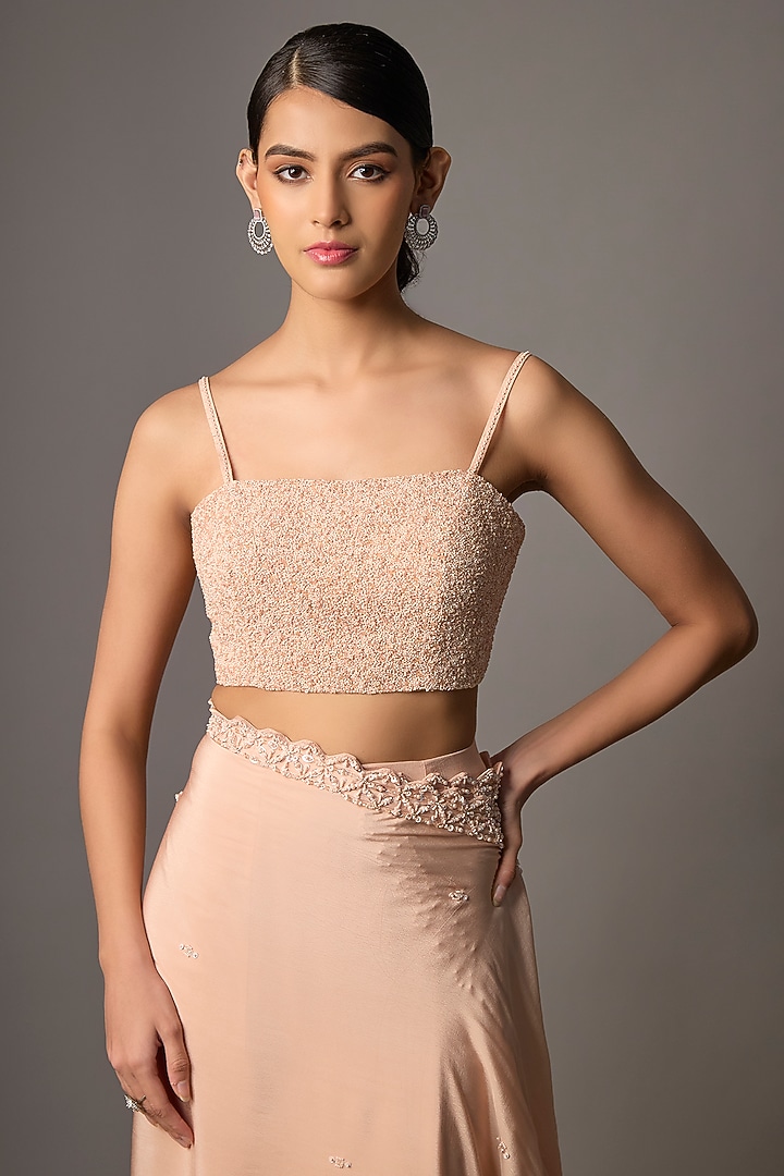 Blush Pink Crepe Embroidered Jacket Reception Saree Set by Disha Patil at Pernia's Pop Up Shop