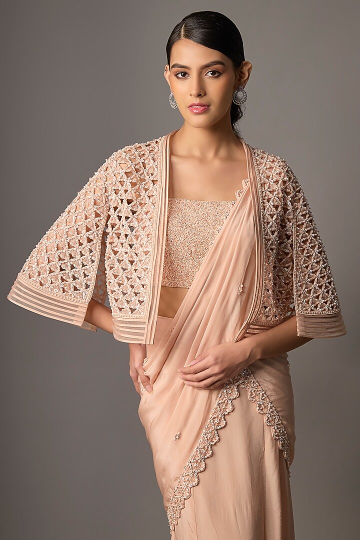 Blush Pink Crepe Embroidered Jacket Reception Saree Set by Disha Patil at Pernia's Pop Up Shop