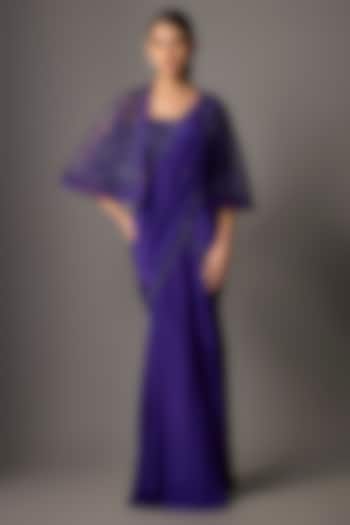 Sapphire Blue Crepe Embroidered Jacket Reception Saree Set by Disha Patil at Pernia's Pop Up Shop