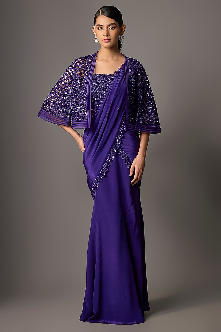 Sapphire Blue Crepe Embroidered Jacket Reception Saree Set by Disha Patil at Pernia's Pop Up Shop