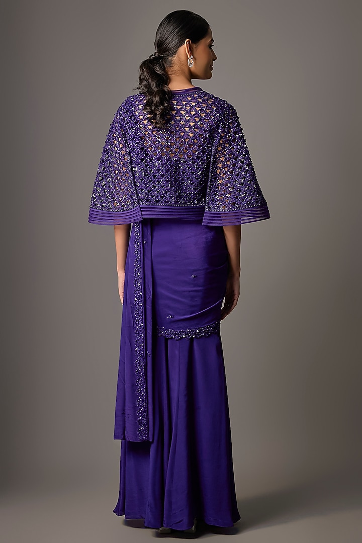 Sapphire Blue Crepe Embroidered Jacket Reception Saree Set by Disha Patil at Pernia's Pop Up Shop