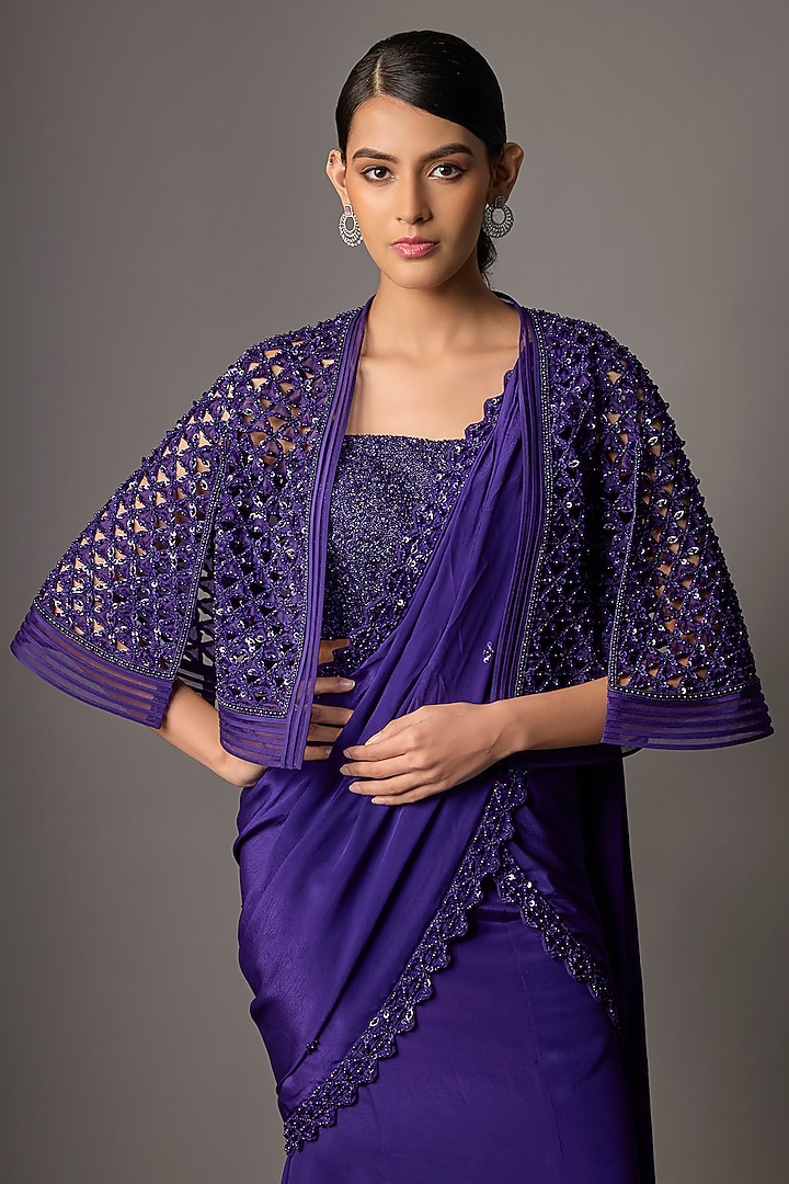 Sapphire Blue Crepe Embroidered Jacket Reception Saree Set by Disha Patil at Pernia's Pop Up Shop