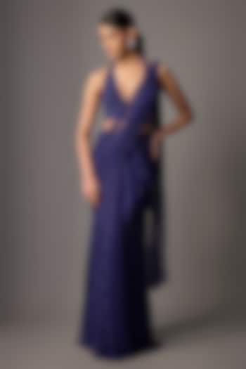 Pixie Blue Net Embroidered Reception Saree Set by Disha Patil at Pernia's Pop Up Shop