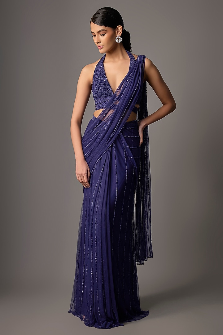 Pixie Blue Net Embroidered Reception Saree Set by Disha Patil at Pernia's Pop Up Shop