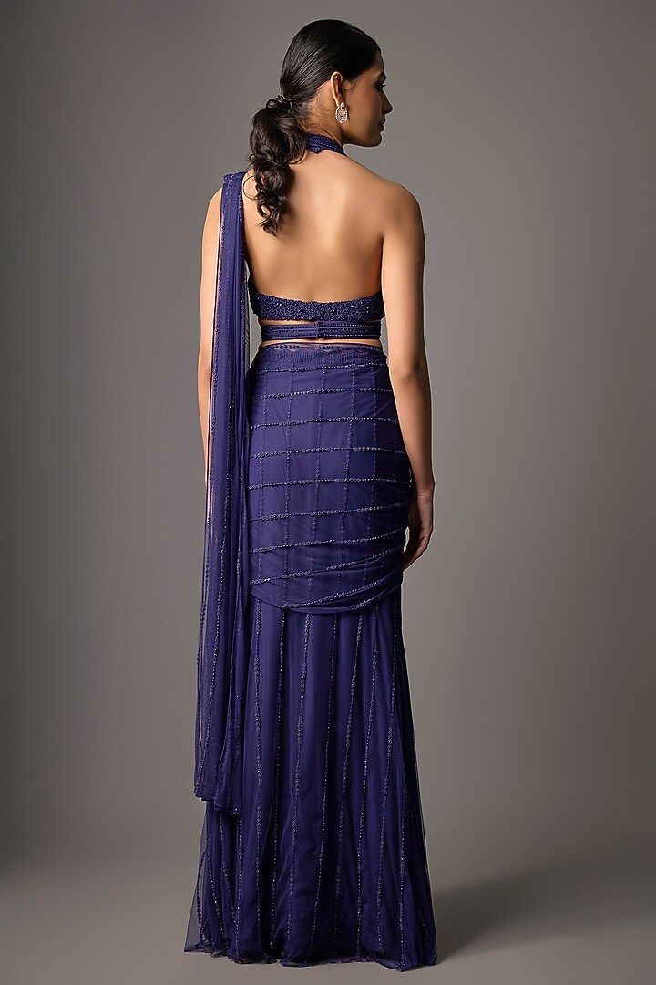 Pixie Blue Net Embroidered Reception Saree Set by Disha Patil at Pernia's Pop Up Shop